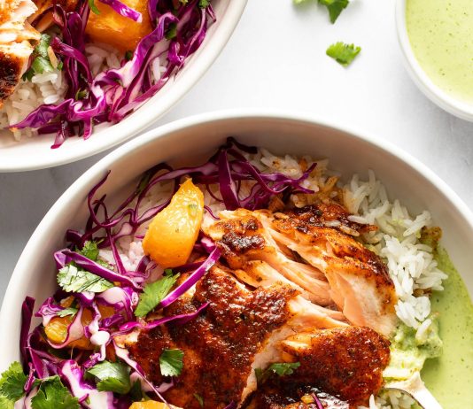 Chipotle Salmon with Orange Salsa and Aji Verde