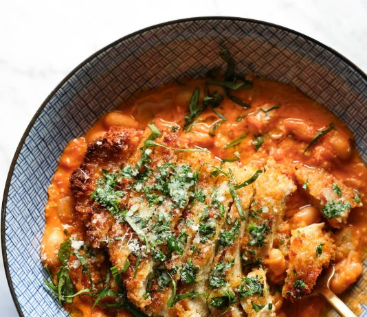 Garlic Butter Crispy Chicken on Creamy Beans