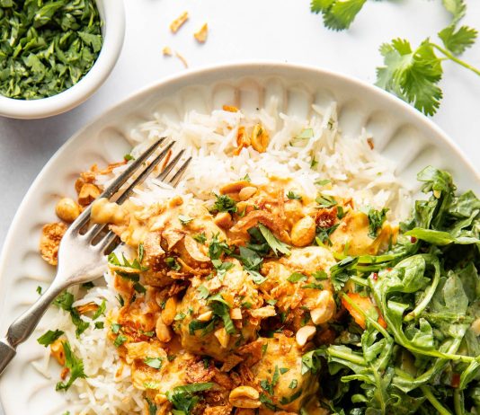 Yellow Curry Meatballs with Peanut Shallot Crispies